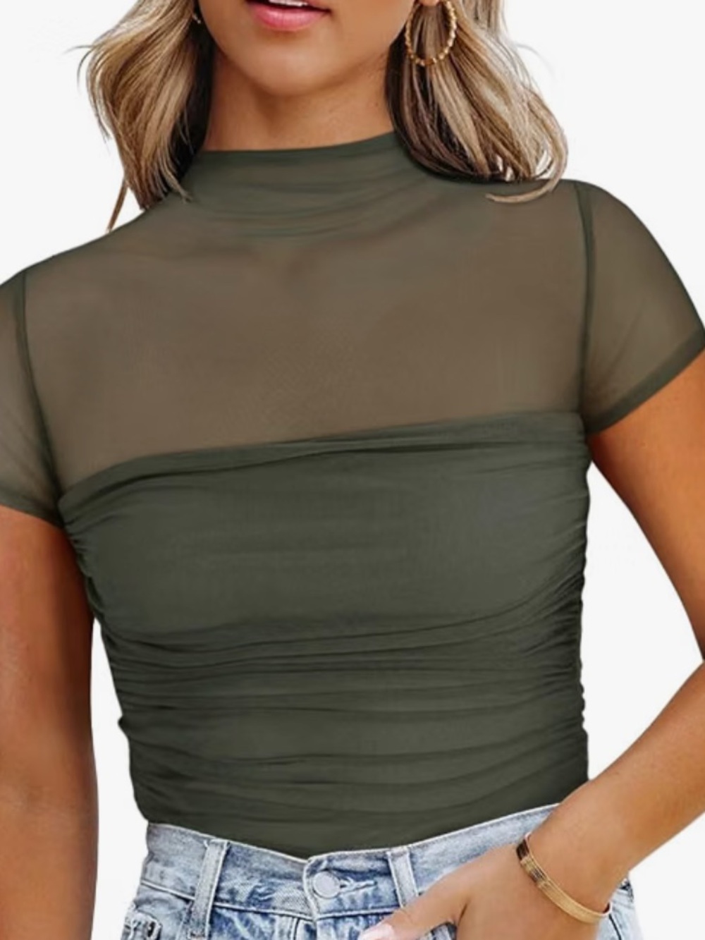 REORIA Women's Olive Green Sheer Mock Neck Short Sleeve Bodysuit. NWT
